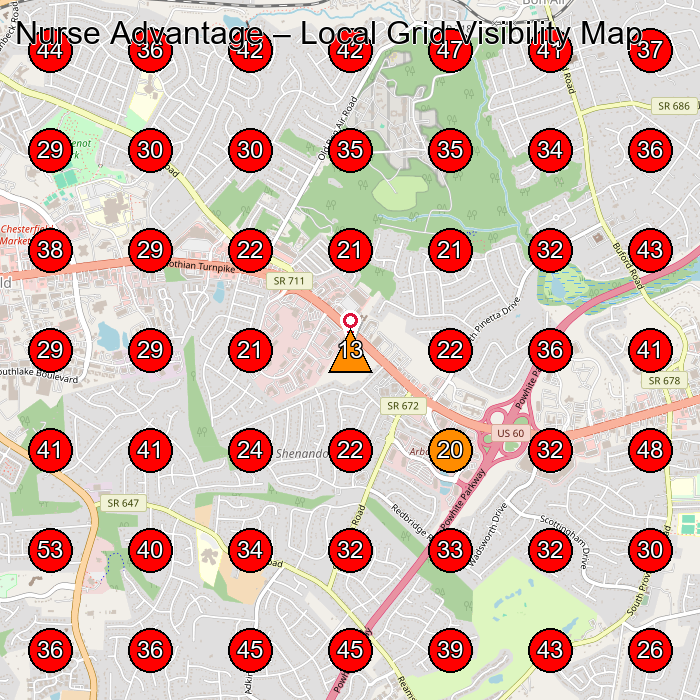 Nurse Advantage GeoGrid visibility map for Nursing Agency in North Chesterfield